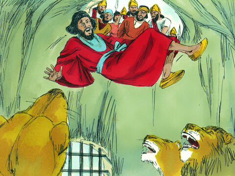 Potem król rozkazał, aby przyprowadzono tych, którzy oskarżyli Daniela, i aby ich wrzucono do lwiej jamy. A lwy rzuciły się na nich i pogruchotały wszystkie ich kości. – Slajd 13