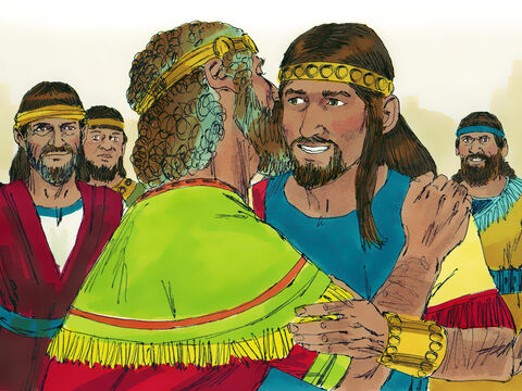 Wtedy król wezwał Absaloma do powrotu do Jerozolimy. I chociaż nie od razu chciał go widzieć, to jednak po pewnym czasie zaprosił  go do siebie. Kiedy Absalom przybył, pokłonił się twarzą do ziemi, a król go ucałował. – Slajd 6