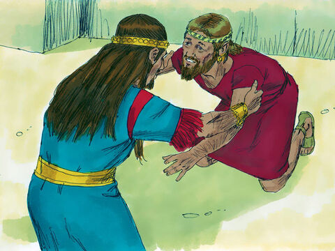 A gdy ktoś się zbliżał, aby mu oddać pokłon, Absalom wyciągał do niego rękę, obejmował go i witał pocałunkiem.<br/> – Slajd 10