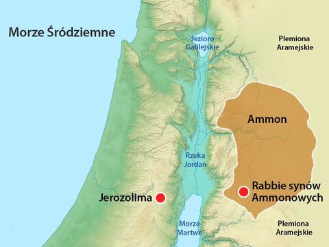 Królestwo Ammonitów znajdowało się na wschód od ziemi Izraelitów, po drugiej stronie rzeki Jordan. Ponieważ wcześniej król Nachasz okazał życzliwość Dawidowi, teraz Dawid wysłał posłów, aby okazać współczucie Chanunowi. – Slajd 2