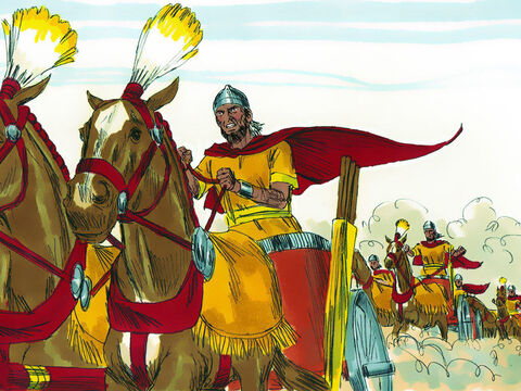 Ich armia zgromadziła się w Chelam, na granicy z Królestwem Dawida. Dawid zebrał całe wojsko izraelskie i wyruszył do Chelam, aby walczyć. – Slajd 12