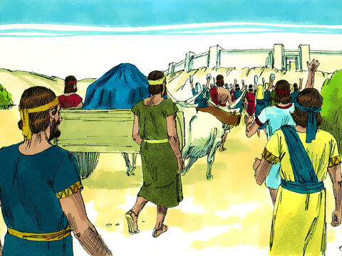 Wszyscy Izraelici zgromadzili się w Kiriat-Jearim, a Arkę Przymierza umieszczono na nowym wozie. Wóz ten prowadzili Uzza i Achio, którzy byli nieposłuszni Bożemu nakazowi mówiącemu, że Arkę mogą dotykać tylko Lewici. – Slajd 7