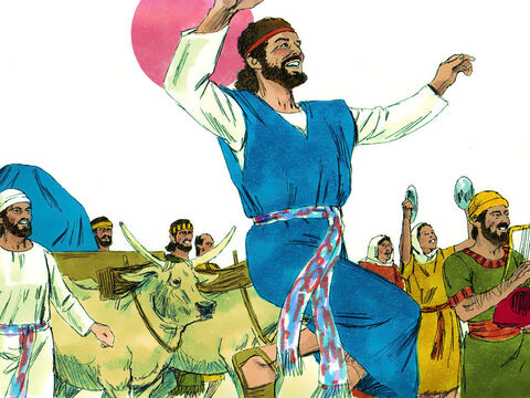 Dawid i inni Izraelici tańczyli i grali z całej siły przed Panem na różnego rodzaju instrumentach: lutniach, cytrach, fletach, bębnach, grzechotkach i cymbałach. – Slajd 8