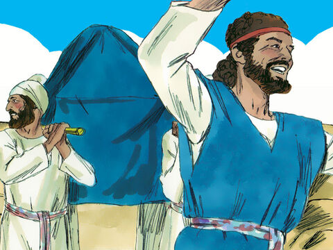 Izraelici sprowadzili Arkę do Jerozolimy głośno i radośnie wołając i grając na rogach, trąbach, cymbałach, lutniach oraz cytrach. – Slajd 15