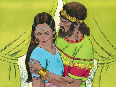 Dawid posłał po Batszebę, a gdy przyszła do niego, spał z nią. Potem kobieta wróciła do swojego domu. – Slajd 3