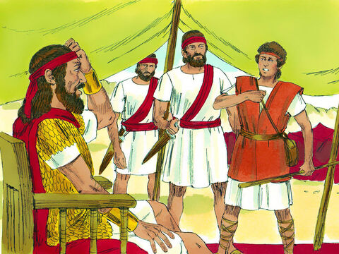 Dawid został zabrany do króla Saula. „Wasza Wysokość – powiedział Dawid – nikt nie powinien bać się tego Filistyna! Ja pójdę, aby z nim walczyć". <br/>„Nie! – odpowiedział Saul .– Jak mógłbyś z nim walczyć? Jesteś tylko chłopcem, a on jest wojownikiem od swojej młodości".<br/> – Slajd 11