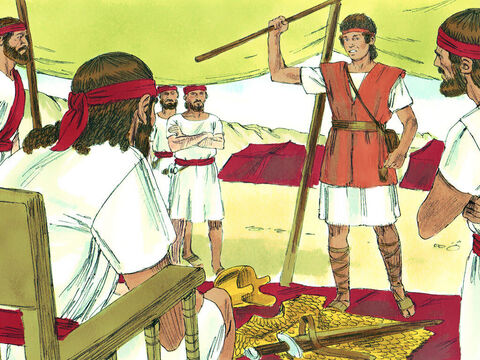„Idź! A Pan niech będzie z Tobą”, odpowiedział Saul. Potem król dał Dawidowi swoją zbroję, ale kiedy ją przymierzył, powiedział: „Nie potrafię się w tym poruszać, gdyż nie przyzwyczaiłem się do tego”.<br/> – Slajd 13