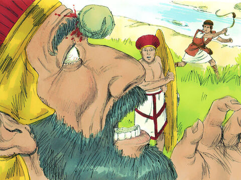 Kiedy Goliat zaczął znów zbliżać się do Dawida, ten podbiegł, sięgnął do swojej torby, wyciągnął kamyk i wypuścił go z procy w kierunku Filistyna. Kamień utkwił w czole Goliata i ten padł twarzą na ziemię. – Slajd 16