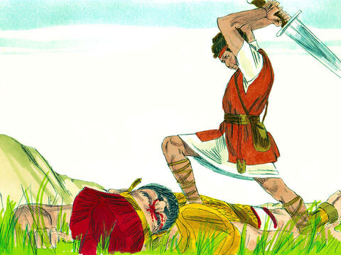 Dawid podbiegł, sięgnął po miecz Goliata i odciął mu głowę.<br/> – Slajd 17