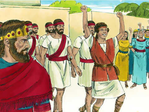Po pokonaniu Goliata, Dawid został przywitany przez lud, jako bohater. Saul zaś był bardzo zły i zazdrosny z tego powodu. – Slajd 3