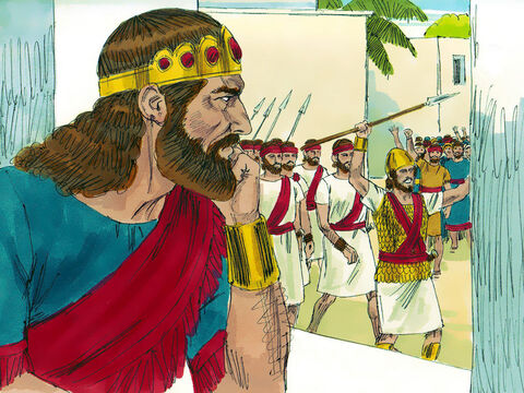 Saul ustanowił Dawida dowódcą nad tysiącem żołnierzy, bo pomyślał, że zginie  wtedy w bitwie. Jednak Pan był z Dawidem i sprawiał, że zwyciężał w bitwach i stawał się coraz bardziej sławny. – Slajd 5
