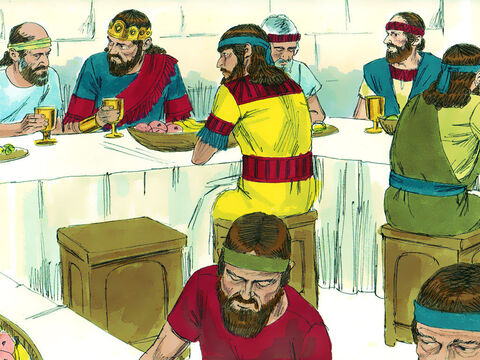 Kiedy rozpoczęła się świąteczna uczta, król zasiadł do stołu, a miejsce Dawida było puste, bo ukrył się w polu. Tego dnia król nie skomentował jego nieobecności.<br/> – Slajd 15