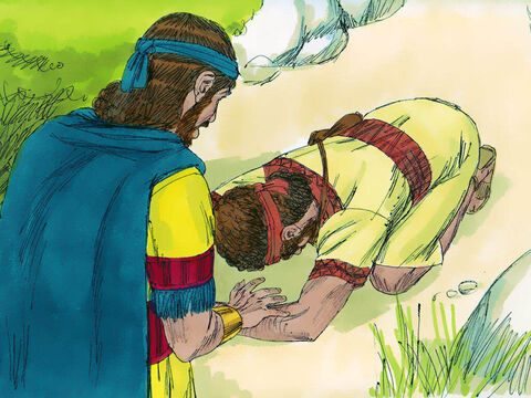 Kiedy sługa odszedł, Dawid wyszedł ze swojej kryjówki i trzykrotnie złożył pokłon Jonatanowi. – Slajd 22