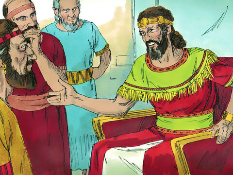 Dawid zapytał swoich doradców: „Czy jest jeszcze ktoś, kto pozostał z rodziny Saula? Chciałbym okazać mu życzliwość ze względu na Jonatana”. Wezwano wtedy sługę Saula, Sybę.<br/> – Slajd 2