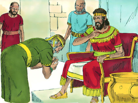 Król zapytał Sybę: „Czy żyje jeszcze ktoś z rodziny Saula? Chciałbym mu okazać łaskę Bożą”. <br/>„Pozostał jeszcze syn Jonatana, kulawy na obie nogi”, odpowiedział Syba.<br/> – Slajd 3