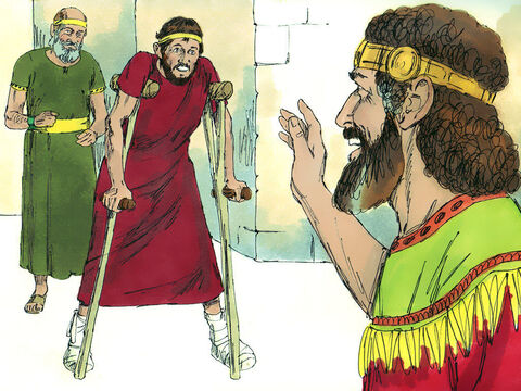 Mefiboszet przybył do pałacu z wielkim lękiem, bo nie wiedział o zamiarach Dawida. „Nie bój się,  ponieważ chcę okazać ci życzliwość ze względu na twojego ojca, Jonatana”, powiedział Dawid. Wtedy Mefiboszet pokłonił się i powiedział: „Czym zasłużyłem sobie, byś się mną, jakimś zdechłym psem, zajmował?”. – Slajd 6