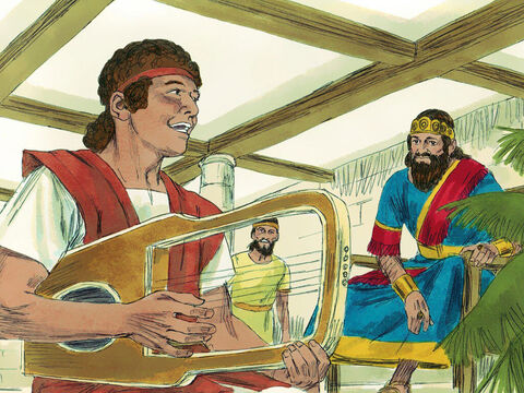 Po pokonaniu Goliata został zaproszony na dwór królewski, aby grać na lirze dla króla Saula. To przynosiło ulgę umęczonej duszy króla. Dawid miał wielki talent do tworzenia pieśni chwalących Boga, które nazywamy „Psalmami”. – Slajd 2