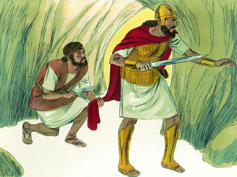 Zamiast jednak go zabić, uciął ukradkiem skrawek jego płaszcza, a potem powiedział do swoich towarzyszy: „Niech mnie Bóg strzeże przed podniesieniem ręki na mojego pana, przecież to jest pomazaniec Boży!”.<br/>Dawid stanowczo powstrzymywał swoich wojowników od rzucenia się na króla Saula.<br/> – Slajd 13