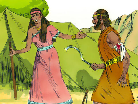 Kiedy zjawił się tam Barak w poszukiwaniu Sisery, Jael wyszła na jego spotkanie i powiedziała: „Wejdź, a pokażę ci człowieka, którego szukasz!”. Barak wszedł do namiotu i zobaczył martwego Siserę. – Slajd 18