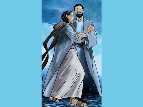 Jezus natychmiast wyciągnął rękę, chwycił go i powiedział: „Człowieku małej wiary! Dlaczego zwątpiłeś?”. – Slajd 10