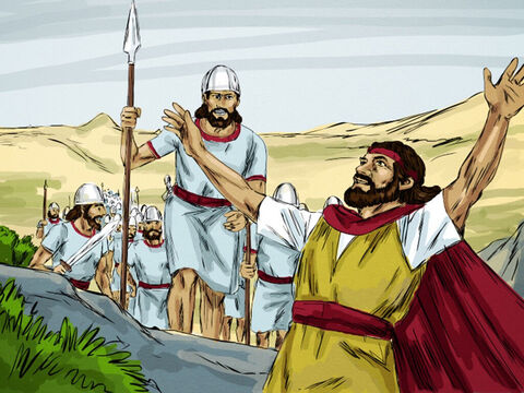 Król wysłał dowódcę z oddziałem pięćdziesięciu żołnierzy, żeby znaleźli i pojmali Eliasza. Dowódca znalazł Eliasza siedzącego na szczycie góry i powiedział: „Boży człowieku! Król rozkazuje ci, żebyś zszedł!”. Eliasz odpowiedział mu: „Jeżeli ja jestem człowiekiem Bożym, to niech ogień spadnie z nieba na ciebie i twoich pięćdziesięciu żołnierzy!”. – Slajd 7