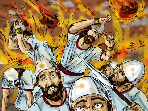 Wtedy ogień spadł z nieba i pochłonął dowódcę oraz jego żołnierzy. Kiedy król Achazjasz dowiedział się o tym, wysłał kolejnego dowódcę z pięćdziesięcioma żołnierzami. – Slajd 8