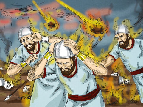 Na niego i jego żołnierzy również spadł z nieba ogień Boży i pochłonął ich. Kiedy król Achazjasz usłyszał o tym, wysłał kolejnego dowódcę z oddziałem pięćdziesięciu żołnierzy, żeby pojmali Eliasza. – Slajd 10