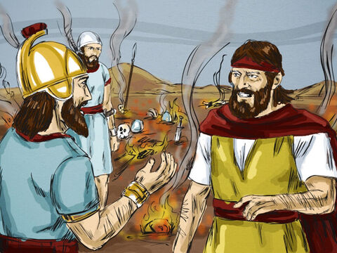 Trzeci dowódca odnalazł Eliasza i upadł przed nim na kolana, błagając go: „Boży człowieku, miej litość dla mnie i tych pięćdziesięciu żołnierzy! Ogień spadł z nieba i pochłonął dwóch poprzednich dowódców i ich oddziały. Proszę, niech moje życie coś znaczy w twoich oczach!”. – Slajd 11