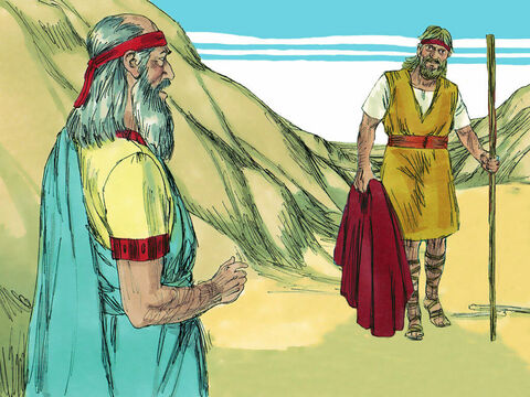 Kiedy Obadiasz był w drodze, wyszedł mu naprzeciw Eliasz. Obadiasz rozpoznał proroka, upadł mu do nóg i powiedział: „Czy to rzeczywiście jesteś ty, mój panie, Eliaszu?”. Prorok kazał mu sprowadzić króla i obiecał, że nie opuści tego miejsca, dopóki nie spotka władcy. – Slajd 6