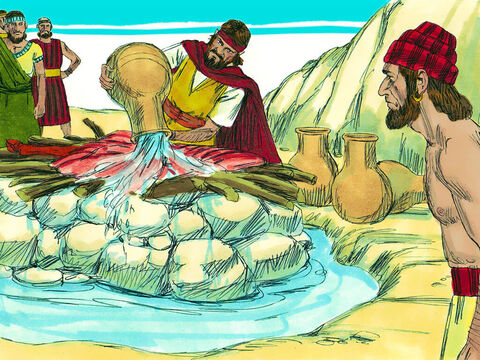 Eliasz wezwał lud do siebie, wziął dwanaście kamieni i odbudował zburzony ołtarz Pana. Wokół ołtarza wykopał rów. Na ołtarzu ułożył drewno, a na nim przygotowaną ofiarę. Potem powiedział: „Napełnijcie cztery dzbany wodą i wylejcie ją na ofiarę całopalną oraz na drewno. Kiedy to zrobili, rozkazał, aby powtórzyli to jeszcze dwa razy. W sumie więc wylali na ołtarz dwanaście dużych dzbanów wody, tak że wypełniła ona rów”.<br/> – Slajd 16