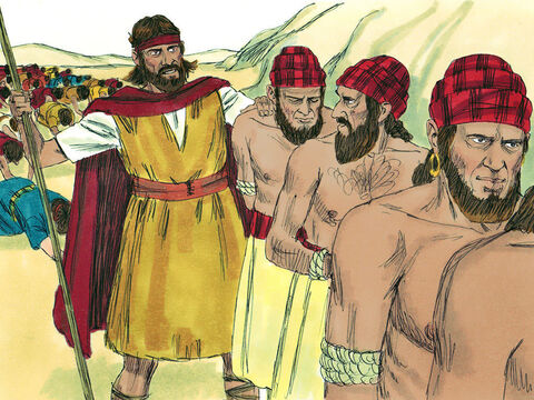 Potem Eliasz kazał schwytać proroków Baala, zabrać nad potok Kiszon i zabić. Zrobił to po to, aby prorocy nie nakłaniali już ludzi do nieposłuszeństwa względem Boga. – Slajd 19