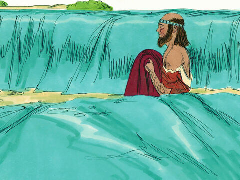 Następnie podniósł płaszcz, który upuścił Eliasz i poszedł nad Jordan, a kiedy stanął nad brzegiem, uderzył płaszczem lustro wody i zawołał: „Gdzież jest Pan, Bóg Eliasza?”. Wtedy wody Jordanu rozstąpiły się i przeszedł suchą stopą. – Slajd 12