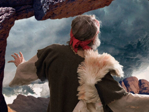 Eliasz wyszedł z jaskini na spotkanie z Bogiem. Przed Panem przeszedł silny, porywisty wiatr, który poruszał góry i odrywał kawałki skał. W tym wietrze nie było jednak Pana. – Slajd 17