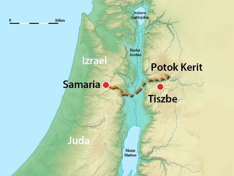 Ta mapa pokazuje rodzinne miasto Eliasza – Tiszbe w Samarii, gdzie król Achab miał swój pałac. Pokazuje też najbardziej prawdopodobne położenie potoku Kerit, który płynął przez opuszczony wąwóz. – Slajd 4