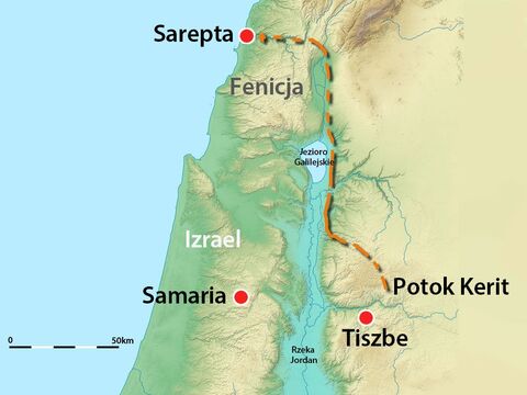 Ta mapa pokazuje położenie Sarepty w Fenicji, kraju na północ od Izraela, oraz trasę, którą mógł obrać Eliasz, aby nie zostać zauważonym przez ludzi króla Achaba. – Slajd 15