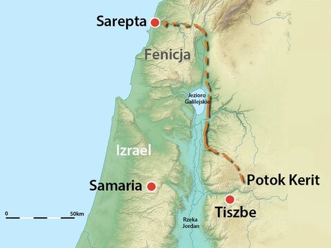 Mapa przedstawiająca położenie Sarepty i najbardziej prawdopodobną trasę, którą mógł obrać Eliasz, aby nie natknąć się na ludzi króla Achaba, którzy go poszukiwali. – Slajd 2
