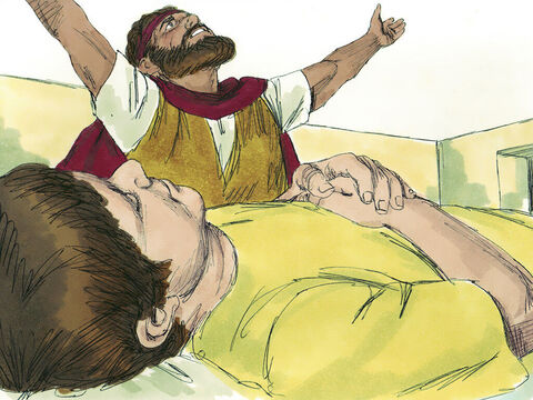 Eliasz odpowiedział: „Daj mi swojego syna!”. Potem zaniósł go do pokoju na górze, w którym mieszkał, położył na łóżku i zaczął wołać do Boga: „Panie, Boże mój! Czy także na tę wdowę, u której się zatrzymałem, zesłałeś nieszczęście, odbierając życie jej synowi?”. – Slajd 11