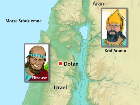Król Aramu planował wysłać swoją armię, żeby napaść na Izrael. Bóg jednak sprawił, że prorok Elizeusz, który mieszkał setki kilometrów od Aramu, poznał każde słowo z planów wroga. – Slajd 1