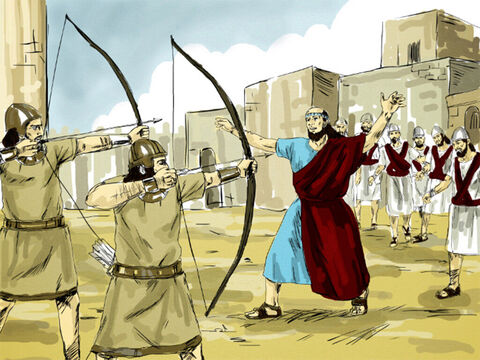 Kiedy dotarli do miasta, Elizeusz powiedział: „Panie, otwórz ich oczy, niech zobaczą”. Bóg sprawił, że żołnierze odzyskali wzrok. Byli wstrząśnięci, kiedy zorientowali się, że są w Samarii. Król Izraela kazał swoim żołnierzom ich otoczyć i zapytał Elizeusza: „Czy mam ich zabić?”.<br/>„Nie zabijaj ich – odpowiedział Elizeusz. – Czy zabiłbyś więźniów, których sam pojmałeś swoim mieczem i łukiem?”. – Slajd 8