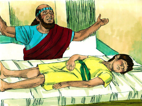 Kiedy Elizeusz przybył do domu, zobaczył na swoim łóżku martwego chłopca.  Wszedł więc do środka, zamknął drzwi i zaczął modlić się do Pana.<br/> – Slajd 14