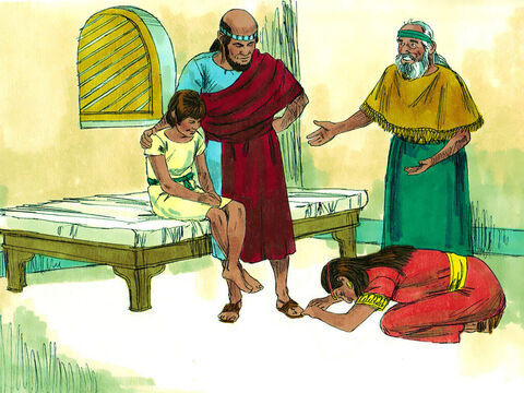 Elizeusz kazał Gehaziemu, aby przywołał matkę. Kiedy przyszła, prorok powiedział do niej: „Zabierz swojego syna!”. Ona zaś podeszła, upadła mu do nóg i pokłoniła się aż do ziemi. Potem wzięła swojego syna i wyszła. – Slajd 16