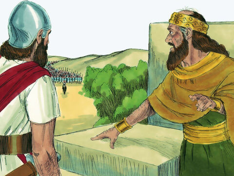 Król Izraela Joram był zrozpaczony, kiedy dowiedział się, czego dopuszczają się ludzie, żeby zdobyć jedzenie. Chciał kogoś obwinić i powiedział: „Niech Bóg mnie ukarze najsurowiej, jeśli głowa Elizeusza, jeszcze dzisiaj nie zostanie ścięta!”. – Slajd 3