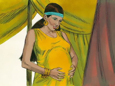 Pan wysłuchał jego modlitwy i Rebeka zaszła w ciążę. W czasie ciąży dzieci zaczęły walczyć w jej wnętrzu. Ona zaś pytała Boga: „Dlaczego mnie to spotyka?”. – Slajd 2
