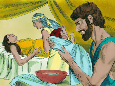 Gdy nadszedł czas porodu, urodziła bliźnięta. Pierwszy chłopiec był rudy i włochaty, dlatego nazwali go Ezaw (czyli „włochaty”). – Slajd 4