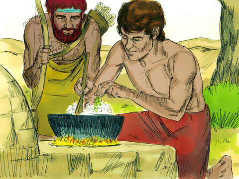 Kiedy Ezaw wrócił ze swej wyprawy głodny i zmęczony, poprosił Jakuba: „Daj mi, proszę, skosztować trochę tej czerwonej potrawy, bo jestem zmęczony”. – Slajd 10