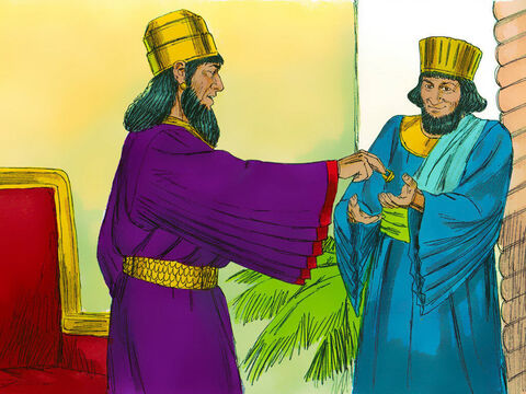 Wtedy król zdjął sygnet ze swego palca i dał go Hamanowi, mówiąc: „Tobie pozostawiam to srebro i ten lud. Uczyń z nim, co uznasz za słuszne”. – Slajd 20