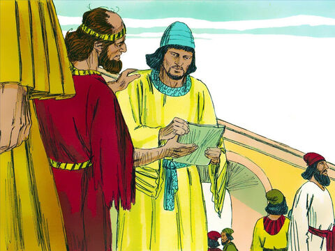 Potem posłała sługę królewskiego Hataka, aby dowiedział się, co niepokoi Mordochaja. A on przekazał Hatakowi odpis nowego zarządzenia i opowiedział o wszystkim, co zaszło. Podał również dokładną kwotę, którą Haman obiecał przekazać do skarbca królewskiego za wytępienie Żydów. Mordochaj prosił Hataka, aby ten w jego imieniu poprosił królową Esterę, by poszła do króla oraz wybłagała łaskę i ratunek dla swojego ludu, Żydów. – Slajd 4