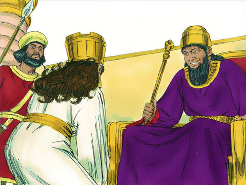 „Czego sobie życzysz?” – zapytał król. – „Gdybyś nawet prosiła o połowę mojego królestwa, to ją otrzymasz”. „Jeśli znalazłam łaskę w oczach króla i król uzna to za słuszne, to niech przyjdzie jutro wraz z Hamanem na ucztę, którą przygotuję” – odpowiedziała Estera. – Slajd 9