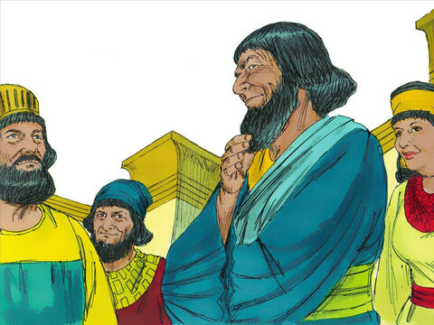Wtedy jego żona Zeresz oraz zebrani przyjaciele powiedzieli: „Możesz przecież rozkazać ustawić szubienicę, a jutro wczesnym rankiem powiesz królowi, żeby na niej powieszono Mordochaja”. Rada ta spodobała się Hamanowi. Kazał więc zbudować szubienicę wysoką na pięćdziesiąt łokci (ok. 23 m). – Slajd 14