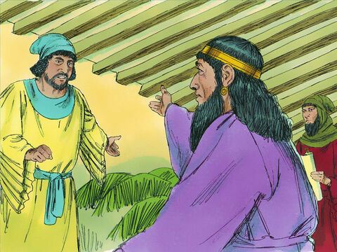 Obecni odpowiedzieli: „Nic dla niego nie zrobiono”. Król zapytał, kto jest na dziedzińcu. A tam wszedł właśnie Haman. Chciał od króla uzyskać zgodę na powieszenie Mordochaja na szubienicy, którą przygotował. Służba królewska odpowiedziała królowi: „Na dziedzińcu stoi Haman”. A król na to: „Niech wejdzie!”. – Slajd 16